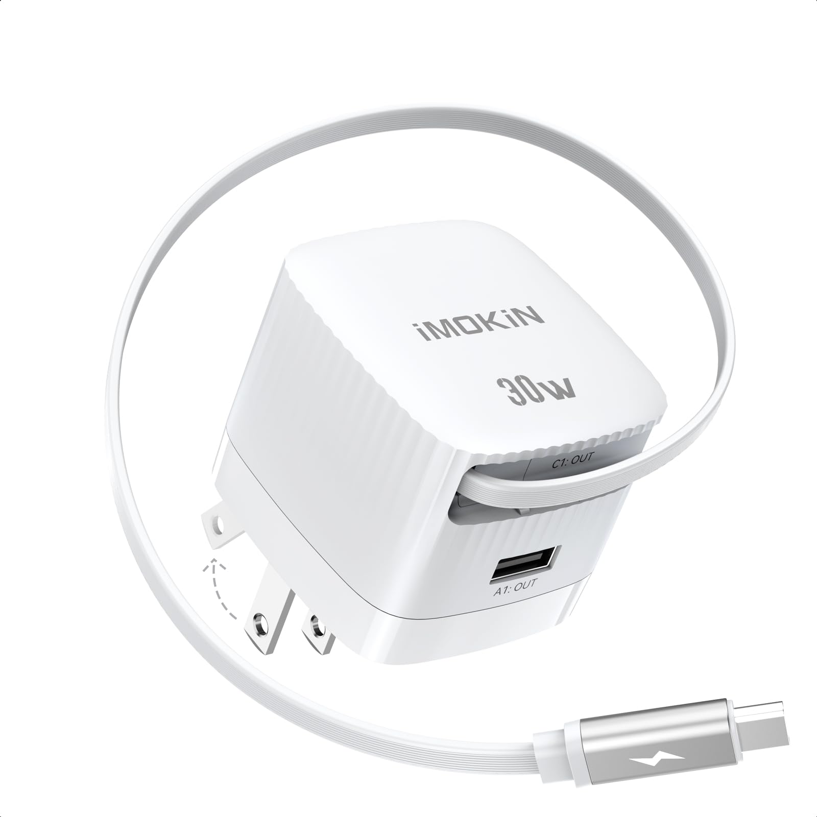 USB-C Charger Block, 30W GaN 2 Port Fast Charging w/Built-in Retractable C Cable & Foldable Plug, PD/PPS for iPhone 16Pro Max/16/Pixel 9 pro/Galaxy/iPad/MacBook,Compact Travel Charger