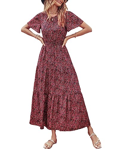PRETTYGARDEN Damen Maxikleid, kurzärmelig, Rundhalsausschnitt, gesmokte elastische Taille, gestuft, Sommer, Boho, Blumenmuster, Sonnenkleider, Blumenmuster in Schwarz und Rot., Klein