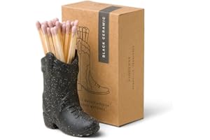 Paddywax Match Holder with Striker Textured Ceramic Cowboy Boot with Safety Matches Included, 3 Inches Tall, Black