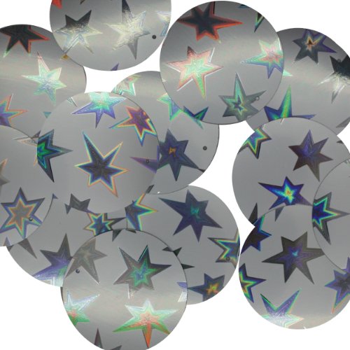 30mm Flat Round SEQUIN PAILLETTES ~ Silver Metallic STAR Spangles ~ Loose sequins for embroidery, bridal, applique, arts, crafts, and embellishment. Made in USA.