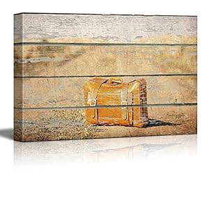 Canvas Wall Art - Vintage Suitcase on Vintage Wood Textured Background - Rustic Country Style Modern Giclee Print Gallery Wrap Home Art Ready to Hang - 12" x 18"