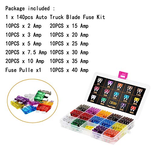 GBAuto 140pcs Assorted Auto Car Truck Standard Blade Fuse Assortment 2A 3A 5A 7.5 A 10A 15A 20A 25A 30A 35A 40A Car Boat Truck SUV Automotive Replacement Fuses