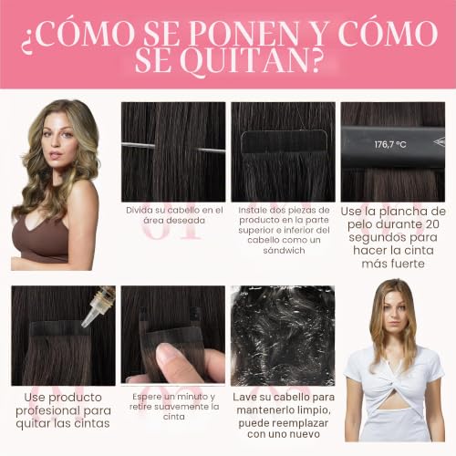 GOO GOO Adhesive Hair Extensions Natural Hair, 40 cm 10pcs 25 g Walnut Brown to Ash Brown and Whitish Blonde Hair Extensions, Remy Hair Extensions Natural Real Human Hair