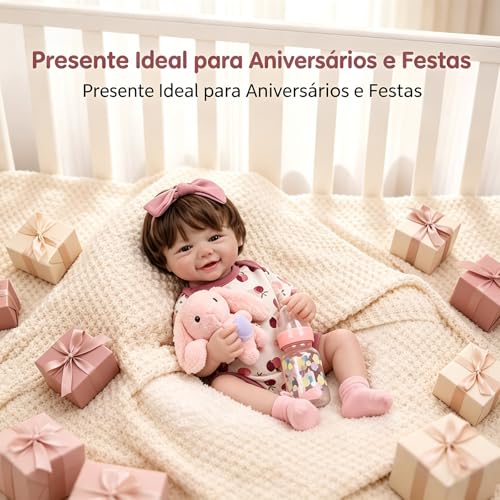 Bebê Reborn Boneca Realista Menina de Silicone Olhos Castanhos Pintado Pode dar Banho (Menina Boneca 48cm)
