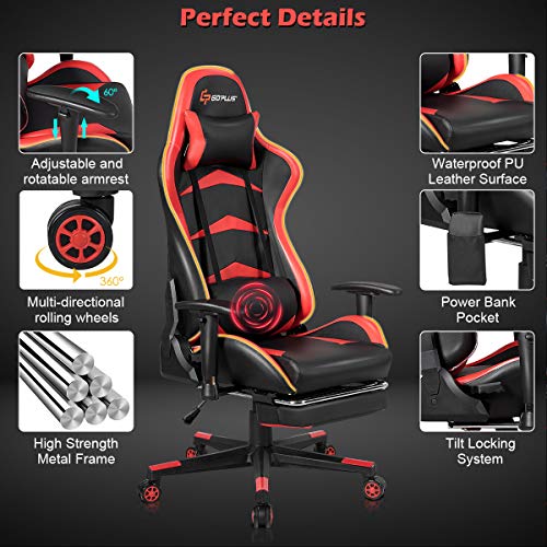 Goplus Massage Gaming Chair with LED Light, Reclining Backrest