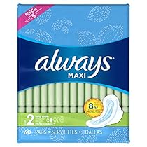 Always Maxi Size 2 Feminine Pads with Wings, Super Absorbency, Unscented, 60 Count (Packaging May Vary)