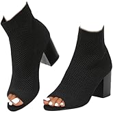 SACFOF Peep Toe Booties for Women Knit Pointed Toe Chunky Block Heels Breathable Sandals Summer Casual Slip On Dress Sock Booties US5-11