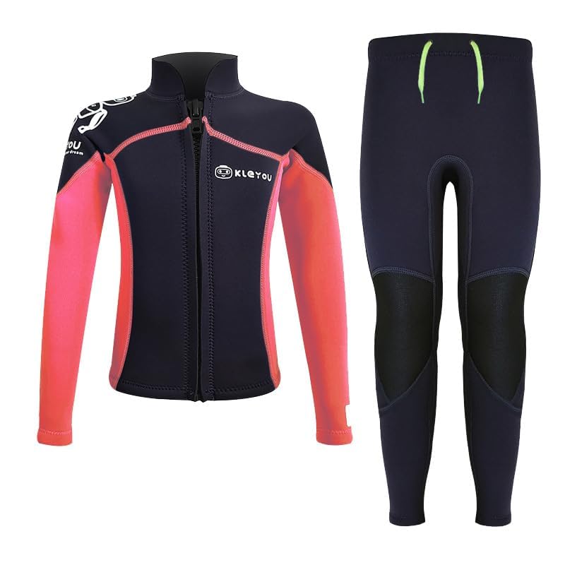 MORGEN SKY ウェットスーツ キッズ 水着 上下セット 男の子 女の子 2.5mmネオプレン マリンスポーツ ダイビング 水遊び プール 長袖 長ズボン 防寒保温 日焼け止め サーフィン 子供用 R002 (黒赤-上下セット, 6) の商品画像