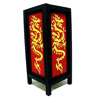 Pakdeevong shop Yellow & Red Rising Dragon Handmade Asian Oriental Wood Light Night Lamp Shade Table Desk Art Gift Home Vintage Bedroom Bedside Garden Living Room