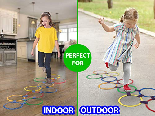 Hopscotch Ring Game - 13 inch - Best Outside Toys to Play for Boys Girls and Kids. 10 Pieces Multi-Colored Plastic Rings and 15 Connectors. Fun Indoor, Outdoor, Summer, Beach, Church and School