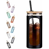 Kodrine 20oz Glass Water Tumbler with Straw and Lid, Bamboo Lids Water Bottle, Iced Coffee Cup Reusable, Wide Mouth Smoothie Cups with Protective Silicone Sleeve BPA FREE-Black