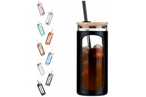 Kodrine 20oz Glass Water Tumble with Straw and Lid,Bamboo Lids Water Bottle, Iced Coffee Cup Reusable, Wide Mouth Smoothie Cups, Straw Silicone Protective Sleeve BPA FREE-Black