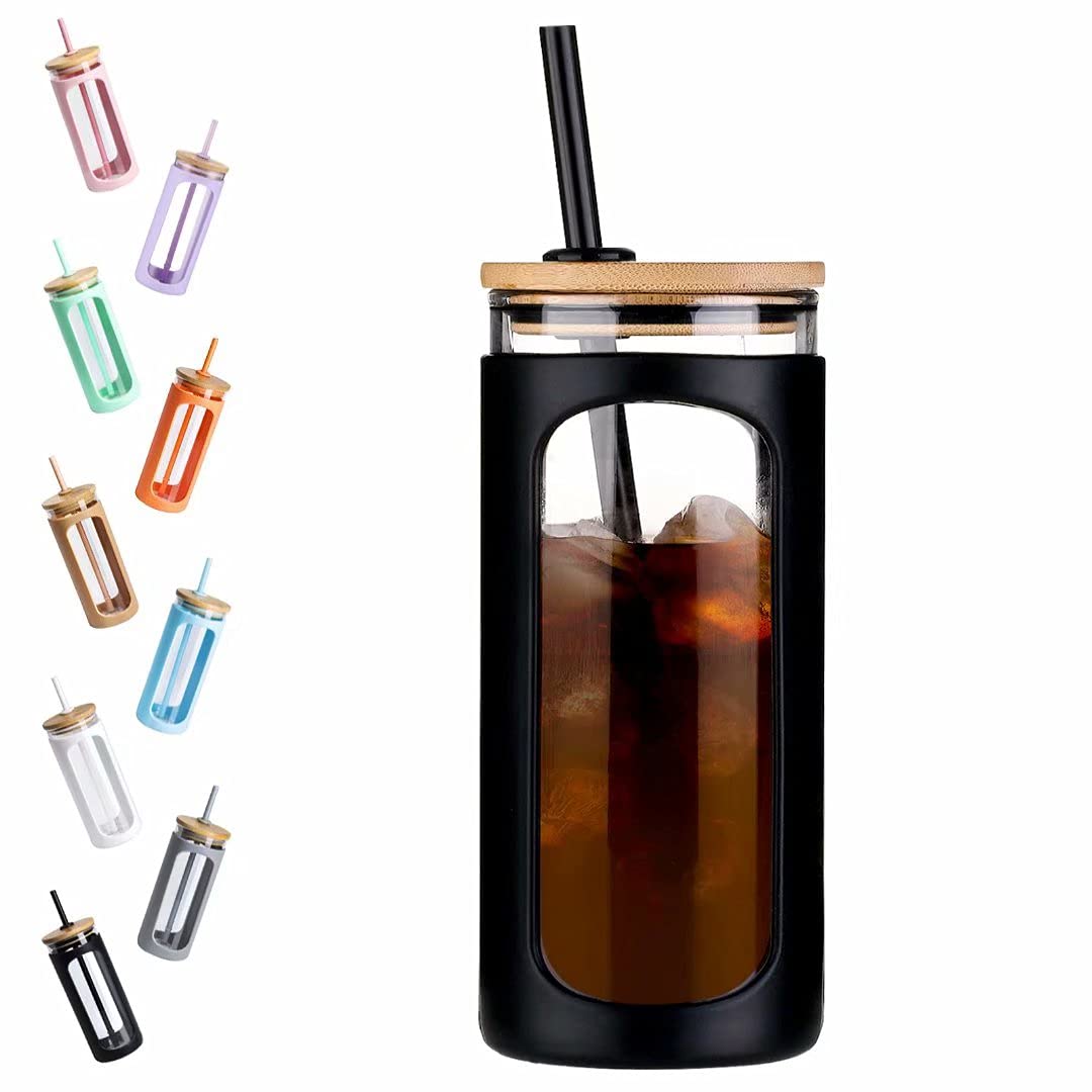 Photo 1 of Kodrine 20oz Glass Water Tumbler with Straw and Lid, Bamboo Lids Water Bottle, Iced Coffee Cup Reusable, Wide Mouth Smoothie Cups with Protective Silicone Sleeve BPA FREE-Black