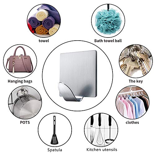 Wodgreat Adhesive Hanging Hooks, 3M Self-Adhesive Waterproof Stainless Steel Hooks Wall Utility Hooks, for Towel Keys Bags Kitchen Tools Bedroom Bathroom Office (4 Packs)