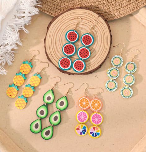 XAM Clay Fruit Slice Dangle Earrings - Watermelon, Avocado, Strawberry & Orange Charms for Summer Beach Parties