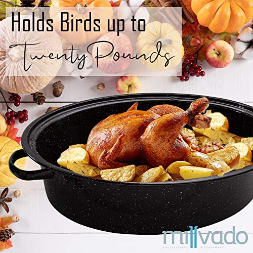 Millvado Roasting Pan With Lid, Turkey Roaster Pan, Extra Large 20 lb Capacity, 19" Granite Oven