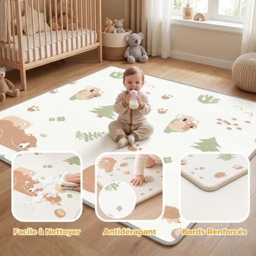 KUQAZ Beige Parc Bebe avec Tapis - 150x150cm Parc Enfant Sécurisé, Aire de Jeu Carrée en Tissu Oxford, Filet Respirant 360°, Structure Stable avec Puissantes Ventouses et 4 Anneaux