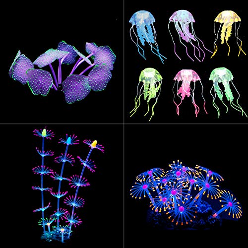 Uniclife 4 Pack Fish Tank Decorations Glowing Effect Aquarium Décor Small Silicone Artificial Jellyfish Coral Plant Ornament