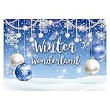 Funnytree 7x5ft Winter Wonderland Theme Backdrop for Blue Boy Baby Shower Birthday Party Christmas Snowflake Snow Landscape Photography Background Bokeh Glitter Pearl Banner Decoration Photo Booth