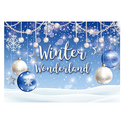 Funnytree 7x5ft Winter Wonderland Theme Backdrop for Blue Boy Baby Shower Birthday Party Christmas Snowflake Snow Landscape Photography Background Bokeh Glitter Pearl Banner Decoration Photo Booth