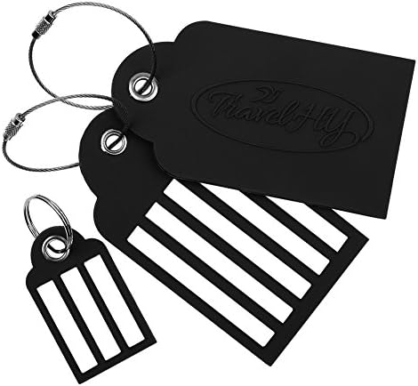 2 Large + 1 Small Travel Luggage Tags, Easy To Write, Extra Wide Lines, Tough PVC, Steel Loops, (Black) By TravelHY