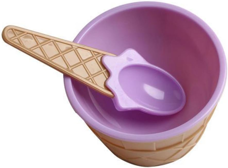 infashionport Kids Child Cute Cartoon Cone Plastic Dessert Tableware Ice Cream Bowl Spoon Set - Purple