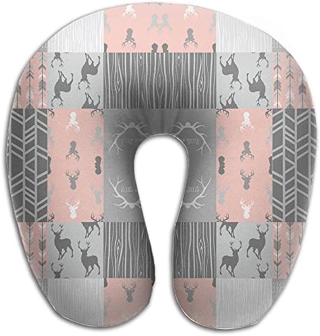 Coral And Grey Deer A Patchwork Squares Soft U-Shape Memory Foam Travel Neck Pillow
