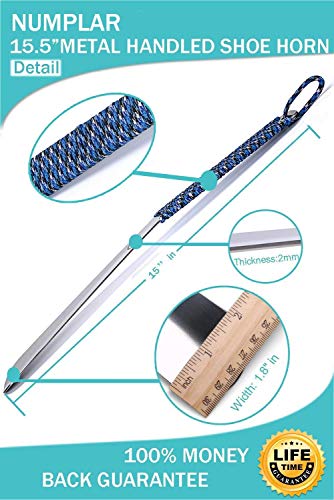 Long Metal Shoe horn-15" Extra Long Handled Shoehorn with Paracord Strap for Boots & Shoes-Stainless Steel & Lifetime Warranty (Blue Camo)
