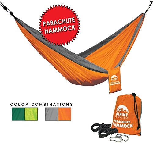 Alpine Grand Premium Lightweight Portable Parachute Hammock – GREAT for CAMPING, BACKPACKING, HIKING, YARD, BEACH, BOAT DOCK, PARK (Orange/Gray, Double)