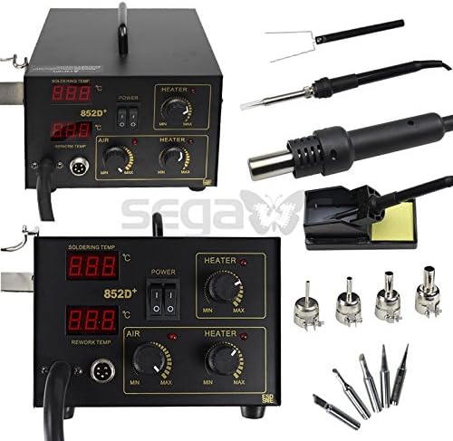 852D PLUS 5 Tips 2in1 ESD PLCC BGA SMD Soldering Rework Station Hot Air &Iron