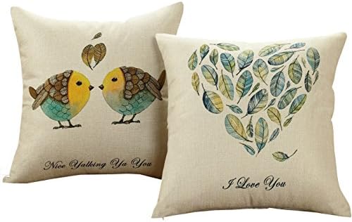 Sunday Praise Linen Decorative Throw Pillow Covers,Cute Style Pillow Cases,18x18 inches Cushion Covers for Sofa Couch Bed&Car,Pattern of Bird&Love Feather,Pack of 2