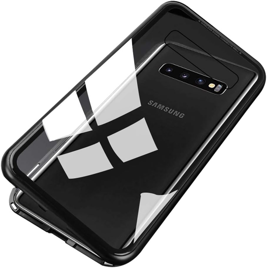 Jonwelsy Compatible with Samsung Galaxy J6 Plus Case, Strong Magnetic Adsorption Technology Metal Bumper Frame, Transparent Tempered Glass Back Cover for Samsung Galaxy J6 Plus