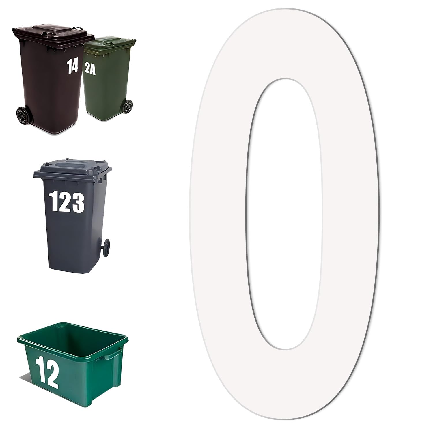Self Adhesive Large Wheelie Bin Number Stickers Easy to Apply Vinyl Sticker Waterproof Reflective White Numbers (Number 0)