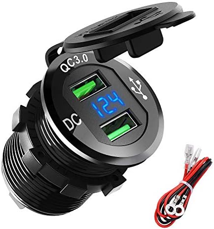 Quick Charge 3.0 USB Charger Socket, ADSDIA 12V/24V 36W Aluminum Waterproof Dual QC3.0 Car Charger Power Adapter Outlet with LED Display for Car Boat Marine Motorcycle Scooter RV Golf Cart DIY Kit