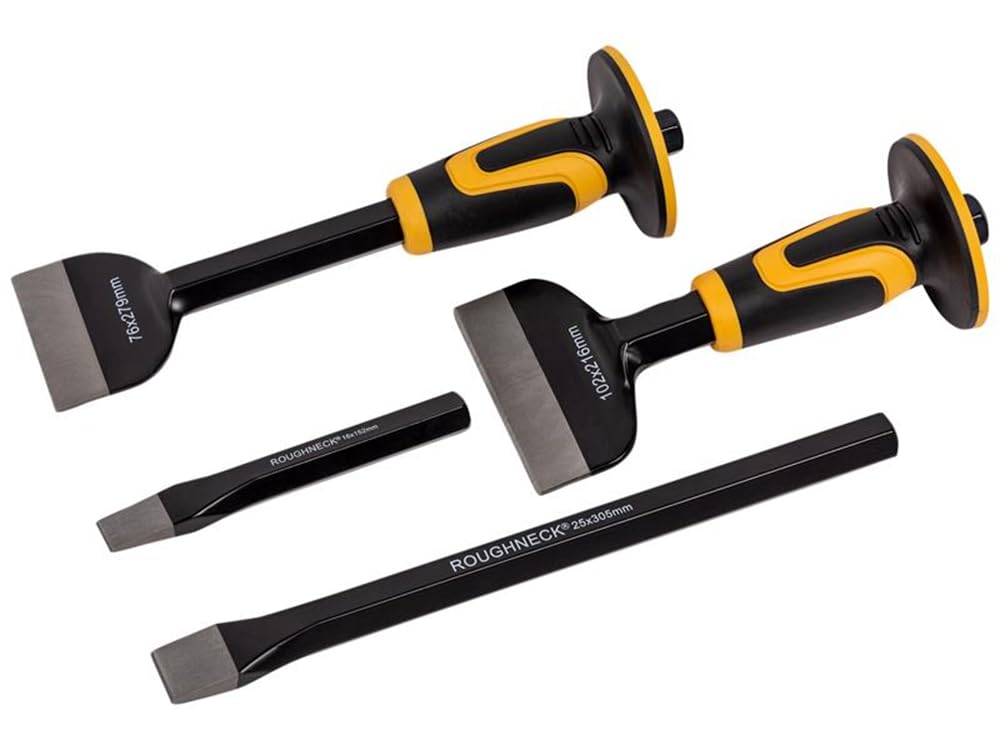 Roughneck ROU31994 Bolster & Chisel Set - 4 Piece Including: Brick Bolster 102x216mm(4x8½in) Electrician’s Bolster 76x279mm(3x11in) x2 Cold Chisels 16x152mm (⅝x6in) /25x305mm(1x12in)