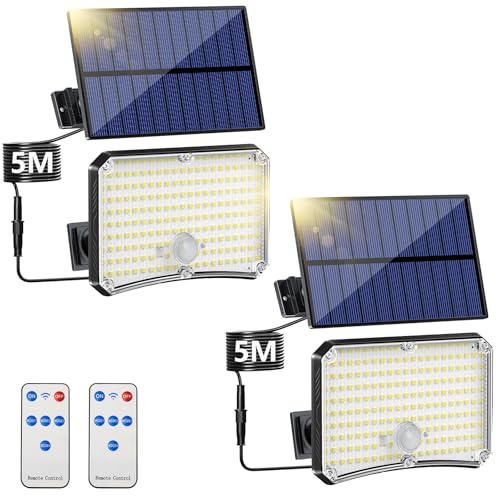 Outdoor Solar Lamp [2 Packs] Outdoor Solar LED Light with Motion Sensor 200LED 4 Modes Remote Control Outdoor LED Headlight with Solar Panel, Outdoor Garden Solar Lights with 5 m Cable