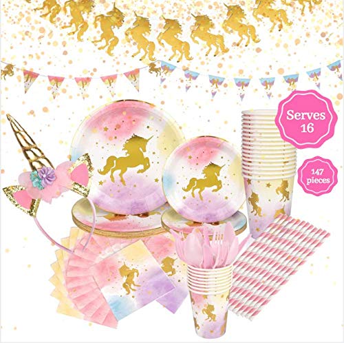 Unicorn Birthday Party Supplies Set, Serves 16 - Happy Birthday Banner Kit, Plates, Napkins, Cups, Straws, Pink Utensils, Balloons, Cute Horn Headband - Whimsical Decorations Decor Pack for Girls Parties
