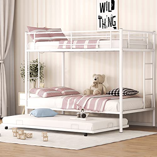 Merax Metal bunk Bed Twin Over Twin Triple Bunk Bed with Twin Size Trundle, White Pricepulse
