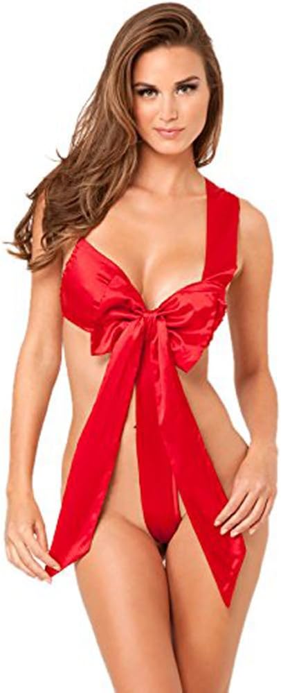 Rospeper Women's Unwrap Me Satin Cut Bow Teddy Bodysuits.