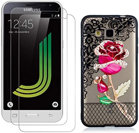 YKTO Screen Protector + Case for Samsung Galaxy A8 Plus 2018 A730F Premium Shockproof Ultra Fit Back Cover 3D Relief Printing Pattern Shell and 2-Pack HD Invisible Clear Tempered Glass Rose Beauty