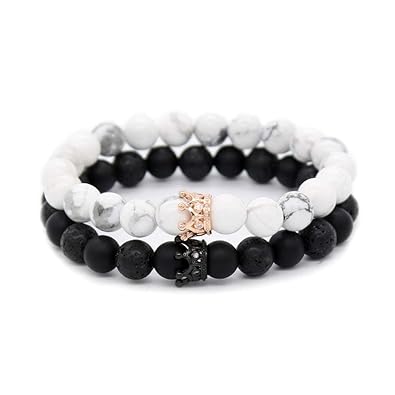 Armband Queen und King Crown Naturstein Perlen für Paare,Elastisch Armband aus CZ Kronen König und Königin schwarz Lava Vulka
