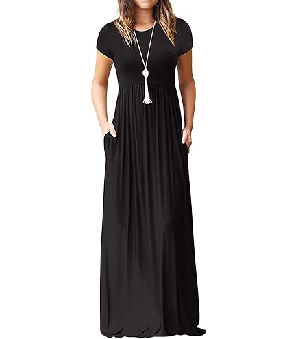 AUOMITH Women's Summer Maxi Dress Short Sleeve Empire Waist with Pockets ( Black, Small) at Amazon Women's Clothing store