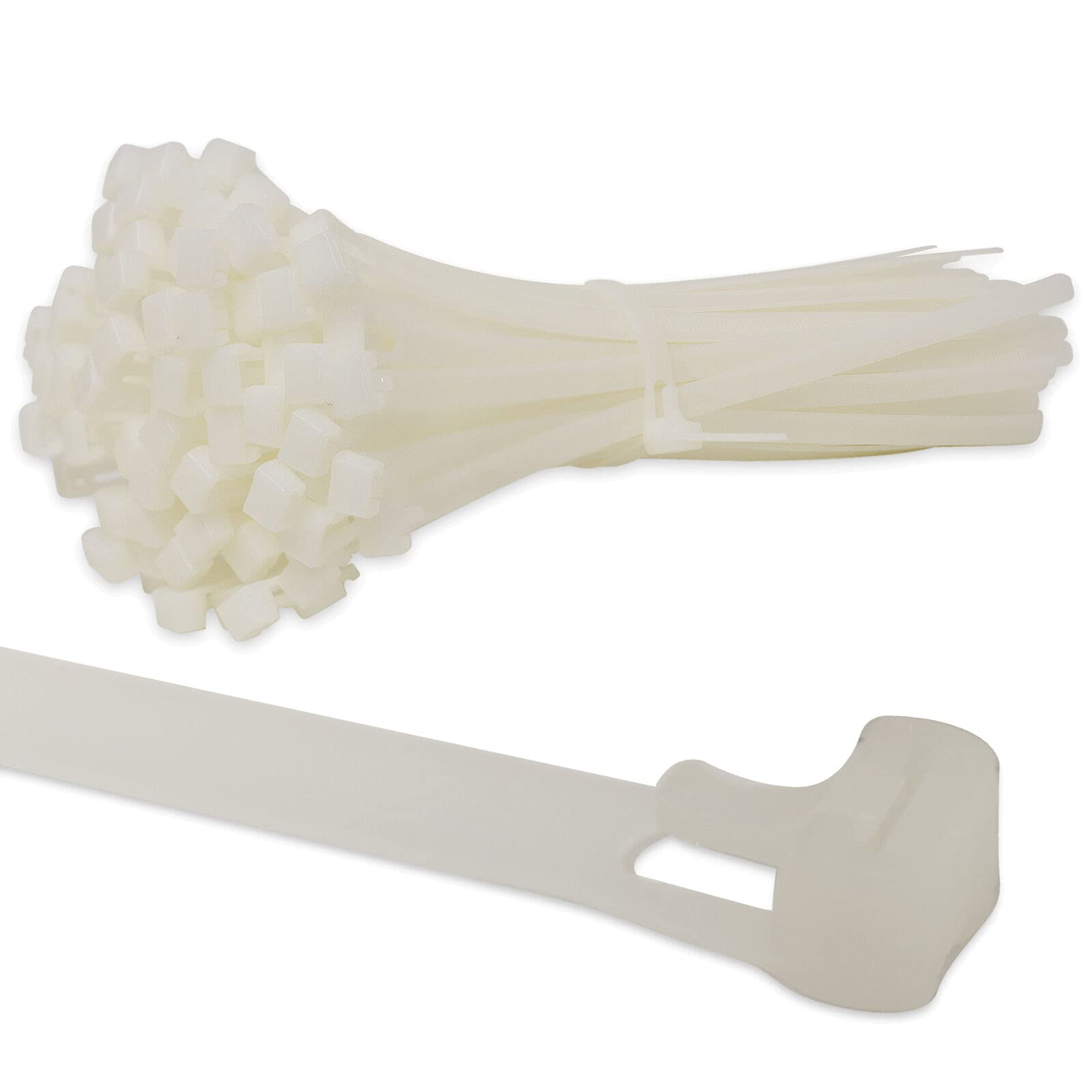 KafTon's Releasable/Reusable Cable Ties (4.8mm x 370mm) Pack of 100, UL Approved, Perfect for Tidying Computer & Network Cables, Plant Support, Wrap DIY, Drain Snake, Gardening, Office (Natural)