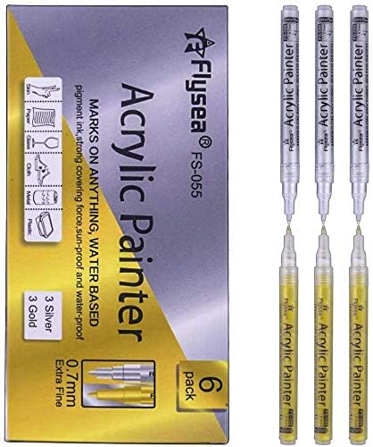 Gold and Silver Metallic Marker Pens, 6 Pack Metallic Permanent Markers for Card Making, Scrapbook Crafts, DIY Photo Album,Wood Rock,Plastic,Leather,Glass,Stone,Metal,Canvas,Ceramic,Extra Fine Tip