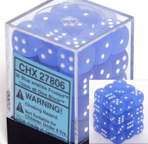 Chessex Dice d6 Sets: Frosted Blue with White - 12mm Six Sided Die (36) Block of Dice by Chessex