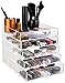 daisi Acrylic Cosmetic Makeup & Jewelry Cube Organizer | 5 Tiers - 4 Drawers & Open Top Compartment Shelf | Large Clear Display Case for Beauty Products | Stylish Storage Box with Crystal Knobs
