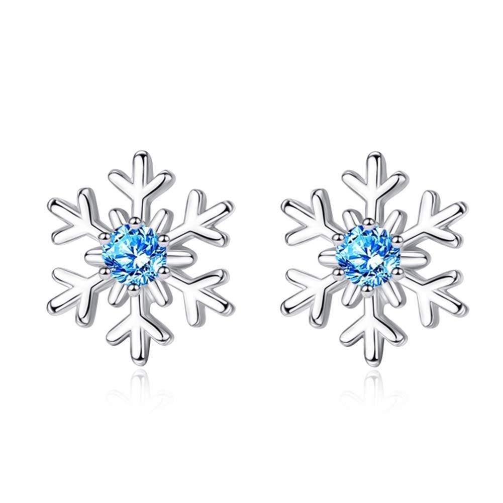 Zolkamery Snowflake Stud Earrings for Women, 925 Sterling Silver Christmas Stud Earrings with 5A Blue Cubic Zirconia, Hypoallergenic Small Sleeper Jewellery Gift for Ladies Wife on Christmas Day