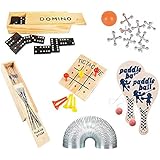 Wish Novelty Classic Games (Set of 6) Fun Party Vintage Games for Kids &amp; Family - Includes Tic-Tac-Toe, 2 Paddleballs, Domino, Jacks, Pick-up Sticks, Coil Spring- Travel Compact Size - Best Retro Gift