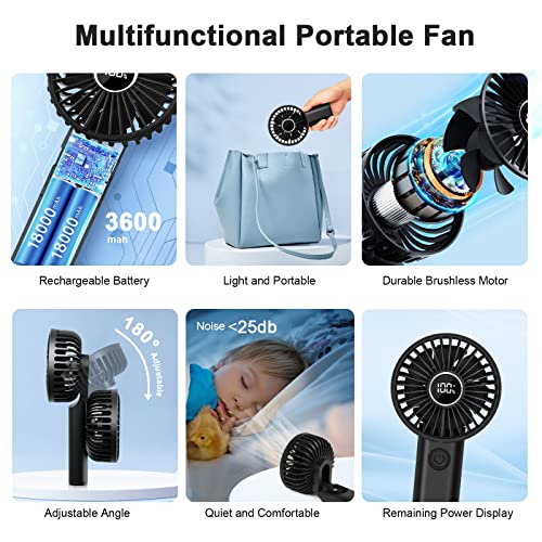 KAZATE Mini Handheld Fan 3600mAh, Portable Rechargeable Small Fan, USB Fans Portable Battery Operated 6 Speeds, Pocket Ventoinha Table Silent Battery, Folding Hand Fan Black