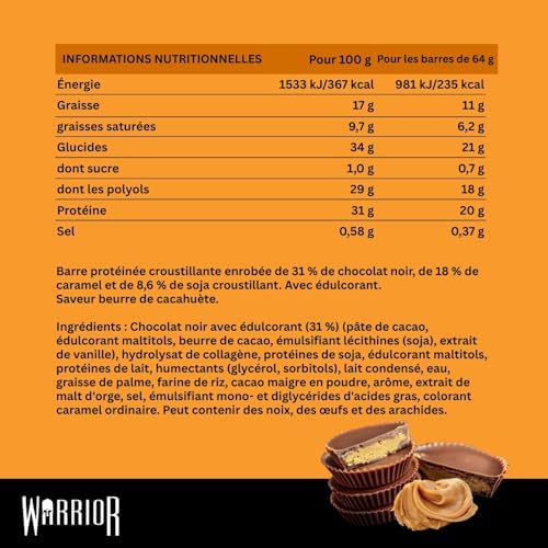 Barres hyperprotéinées Warrior Crunch 20 g - Barre à faible teneur en sucre et en glucides - paquet de 12 x 64 g - incroyablement savoureuse - garantie halal (Chocolat noir aux cacahuètes)